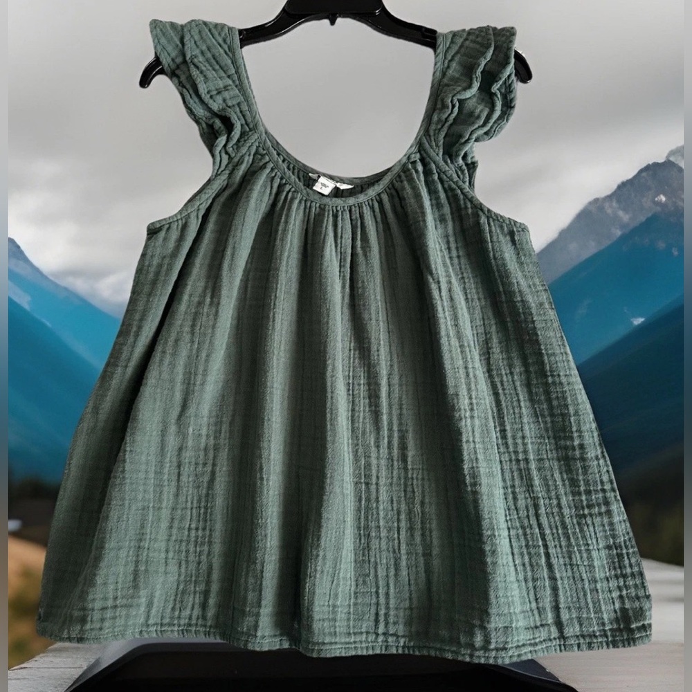 Blouse Sonoma Forrest Green Ruffle sleeve Tank Top Women Large 100% Cotton Gauze